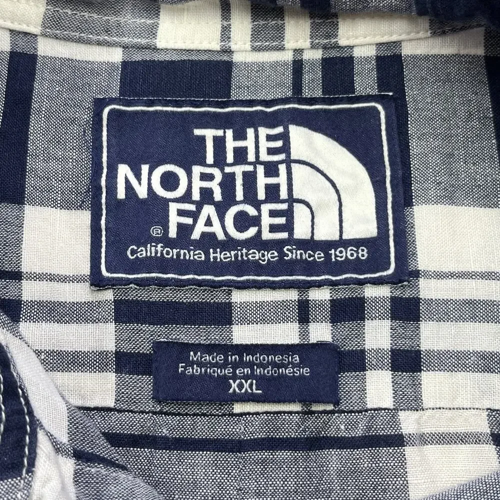The North Face Linen Blend Button Down Shirt XXL Blue Plaid Collared Outdoor